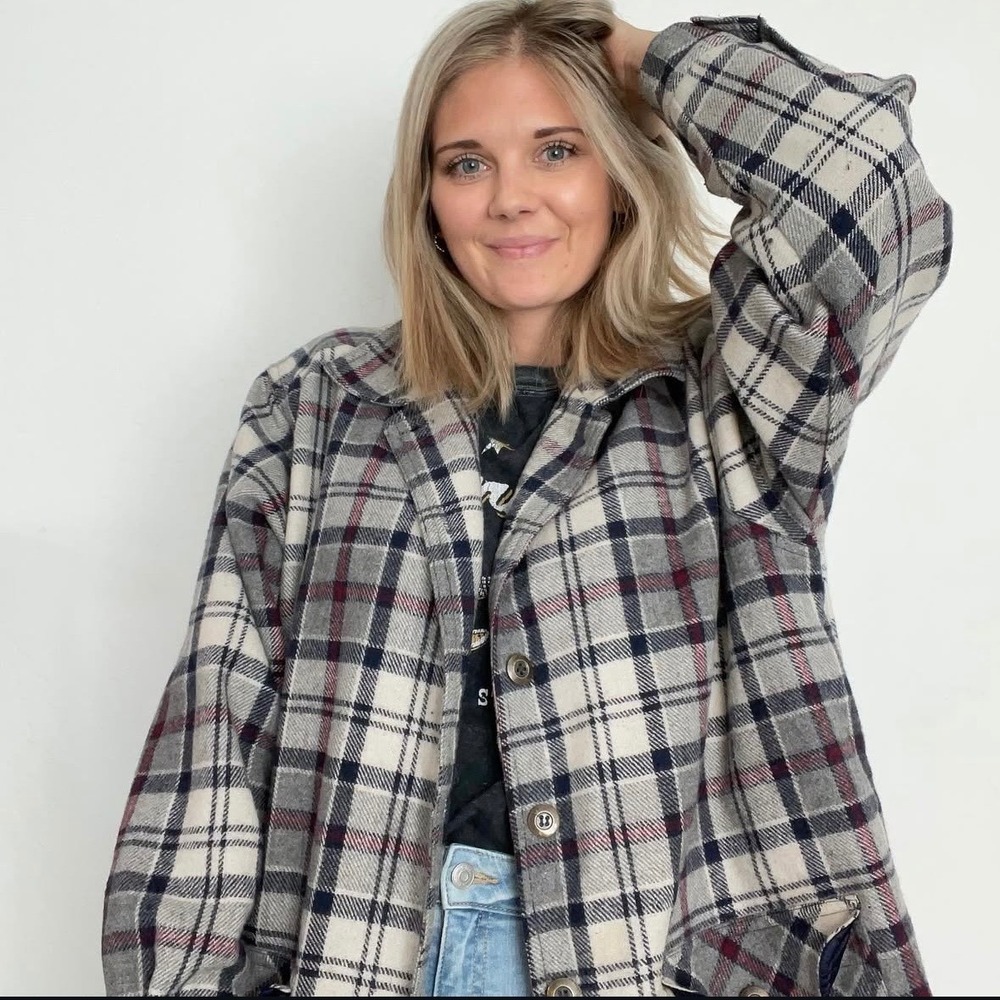 Vintage Plaid Wool Chore Coat Womens XL Blue Oversized Button Front Cottagecore